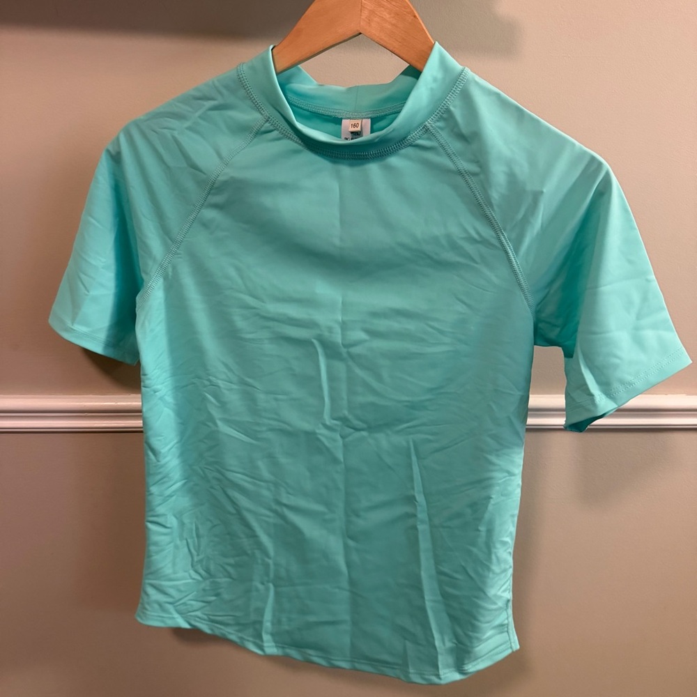 Big Elephant Kids Rash Guard Swim Top Aqua Short Sleeve Size 160 Youth XL NWT